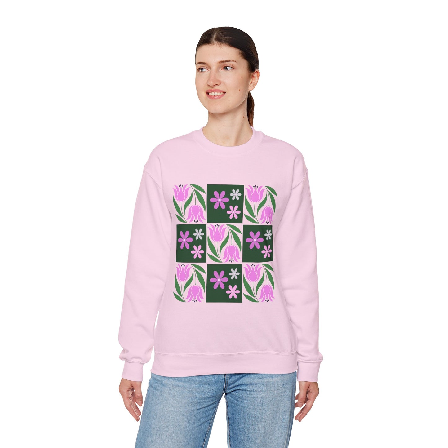 Floral Tile Crewneck Sweatshirt — Pink Tulip Grid Design