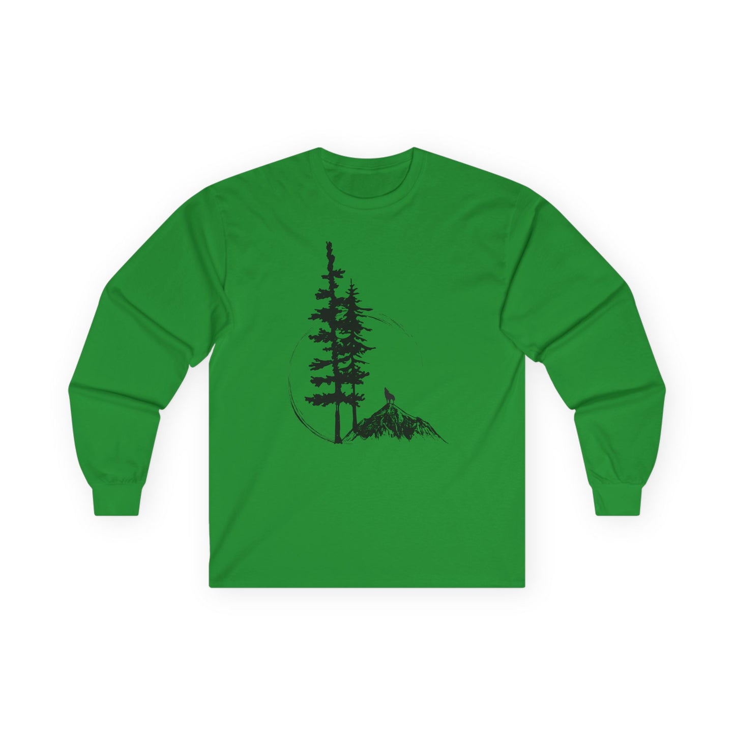 Green long-sleeve shirt with a black tree and mountain graphic on a white background