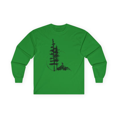 Green long-sleeve shirt with a black tree and mountain graphic on a white background