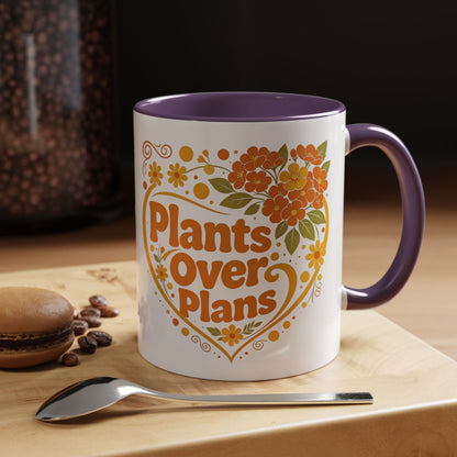 Plants Over Plans Accent Coffee Mug — Retro Floral Heart Plant Lover Gift (11oz)