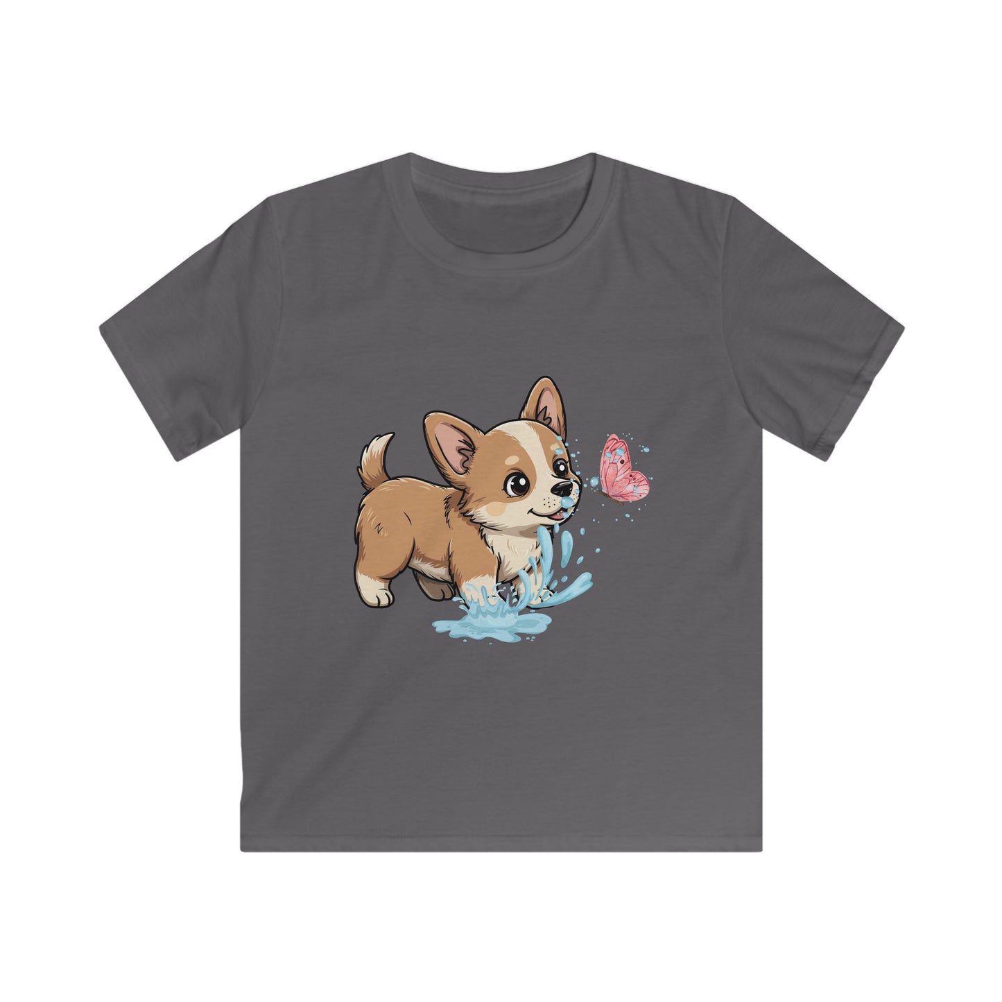 Kids Tee — Playful Corgi Puppy with Butterfly Graphic