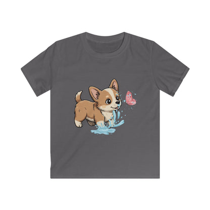 Kids Tee — Playful Corgi Puppy with Butterfly Graphic
