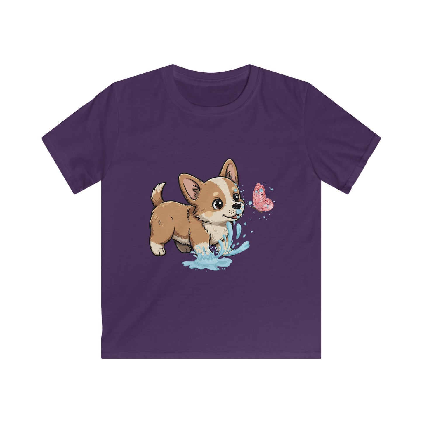 Kids Tee — Playful Corgi Puppy with Butterfly Graphic
