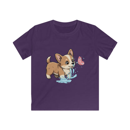 Kids Tee — Playful Corgi Puppy with Butterfly Graphic