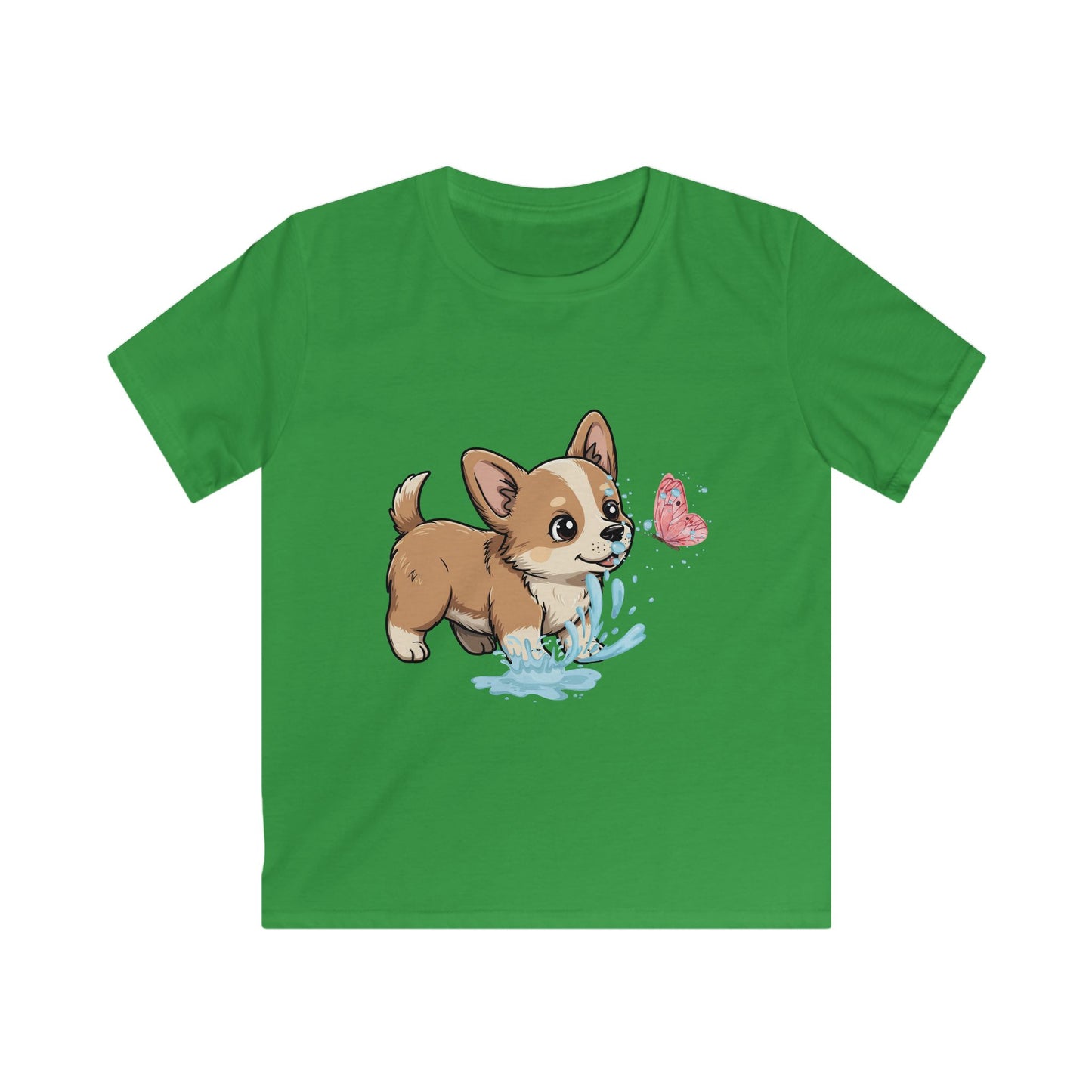 Kids Tee — Playful Corgi Puppy with Butterfly Graphic