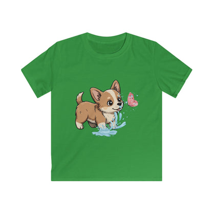 Kids Tee — Playful Corgi Puppy with Butterfly Graphic