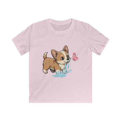 Kids Tee — Playful Corgi Puppy with Butterfly Graphic