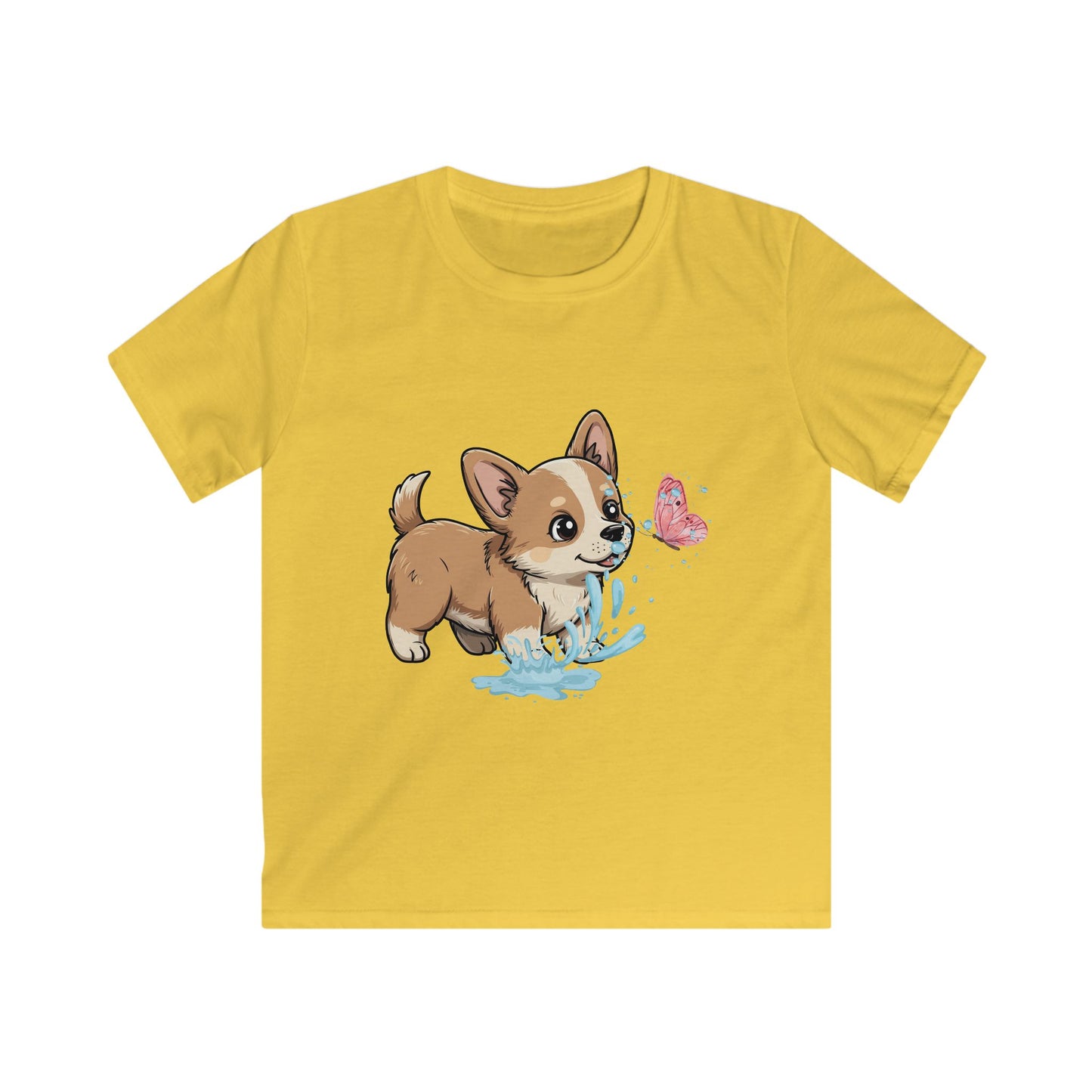 Kids Tee — Playful Corgi Puppy with Butterfly Graphic