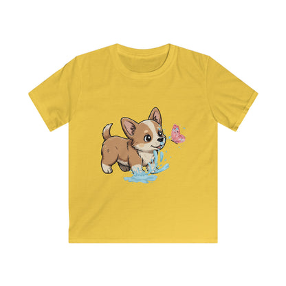 Kids Tee — Playful Corgi Puppy with Butterfly Graphic