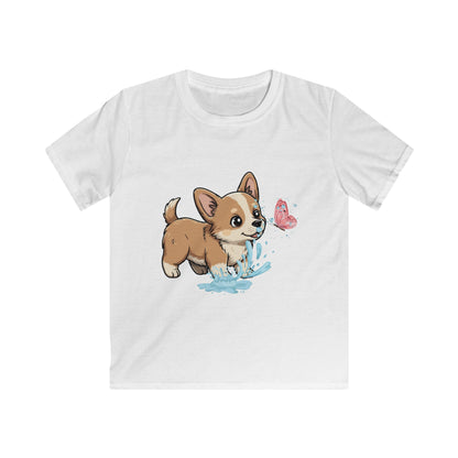 Kids Tee — Playful Corgi Puppy with Butterfly Graphic