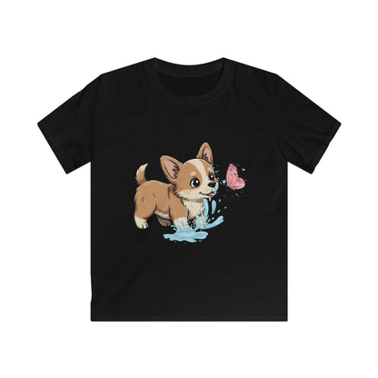Kids Tee — Playful Corgi Puppy with Butterfly Graphic