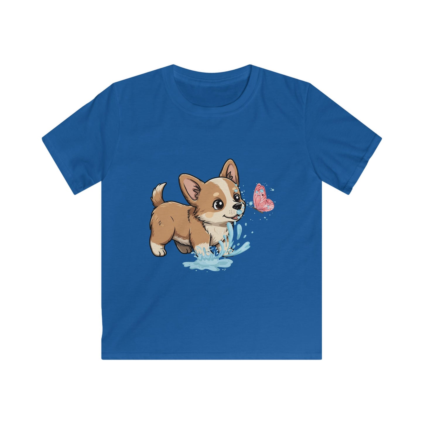 Kids Tee — Playful Corgi Puppy with Butterfly Graphic