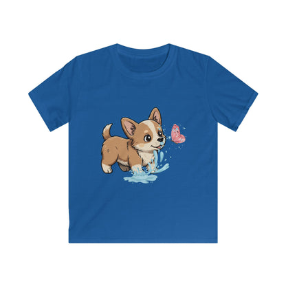 Kids Tee — Playful Corgi Puppy with Butterfly Graphic