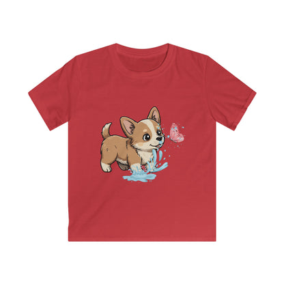 Kids Tee — Playful Corgi Puppy with Butterfly Graphic