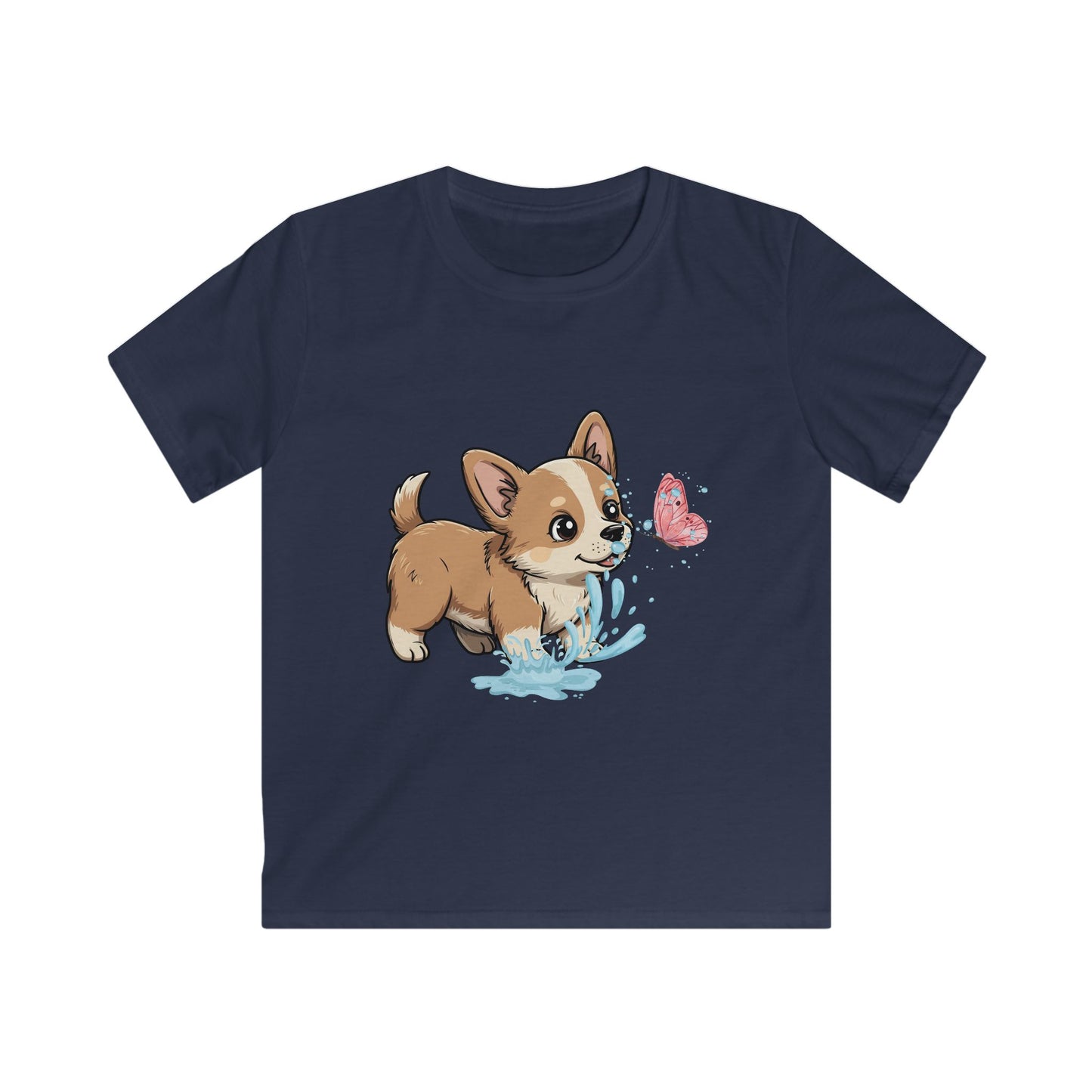 Kids Tee — Playful Corgi Puppy with Butterfly Graphic