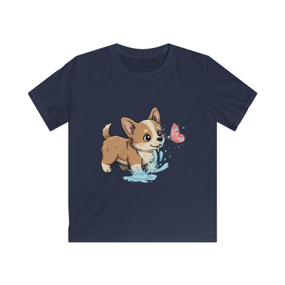 Kids Tee — Playful Corgi Puppy with Butterfly Graphic