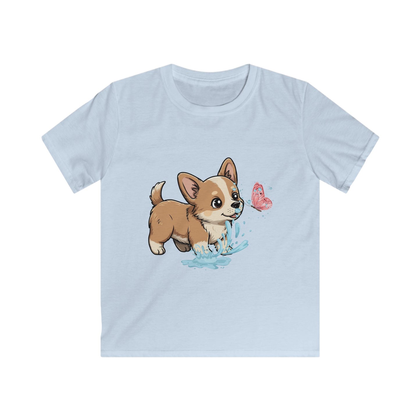 Kids Tee — Playful Corgi Puppy with Butterfly Graphic