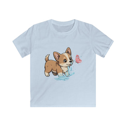 Kids Tee — Playful Corgi Puppy with Butterfly Graphic