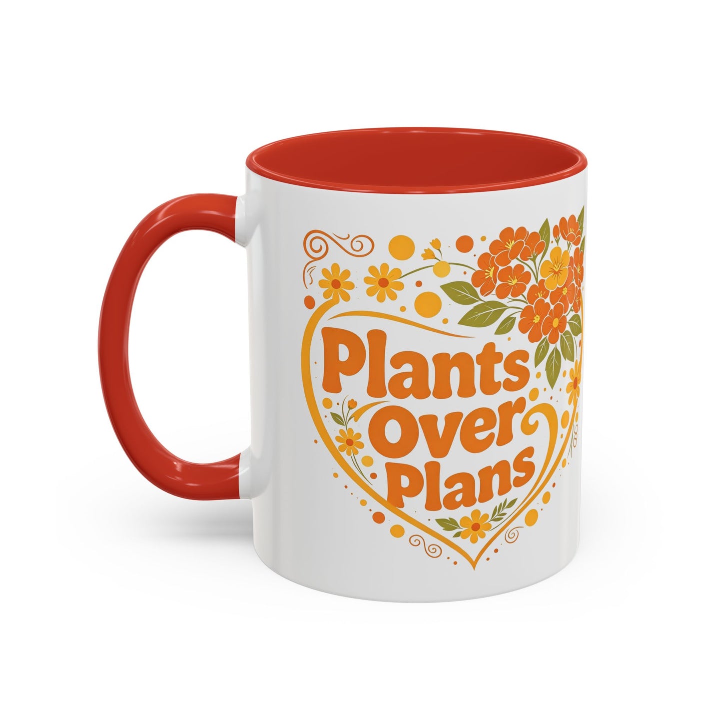 Plants Over Plans Accent Coffee Mug — Retro Floral Heart Plant Lover Gift (11oz)