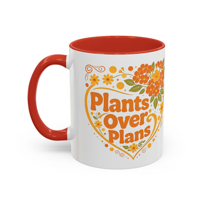 Plants Over Plans Accent Coffee Mug — Retro Floral Heart Plant Lover Gift (11oz)