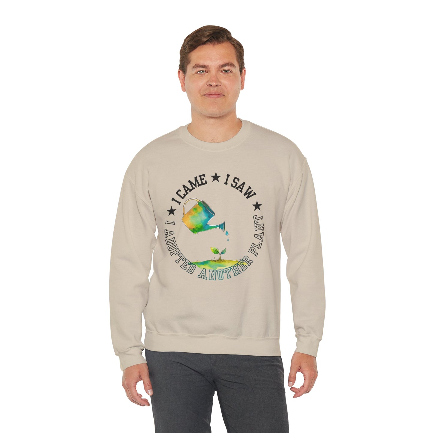 Gardener Sweatshirt — "I Came, I Saw, I Adopted Another Plant" Watercolour Watering Can Crewneck