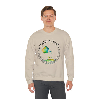 Gardener Sweatshirt — "I Came, I Saw, I Adopted Another Plant" Watercolour Watering Can Crewneck