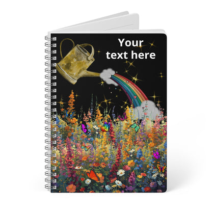 A5 Spiral Notebook — Watering Can Rainbow Over Wildflower Garden (Custom Text)