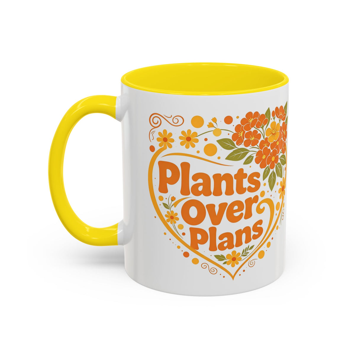Plants Over Plans Accent Coffee Mug — Retro Floral Heart Plant Lover Gift (11oz)