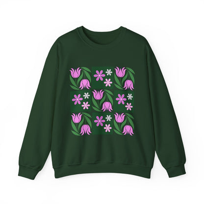 Floral Tile Crewneck Sweatshirt — Pink Tulip Grid Design