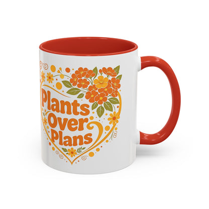 Plants Over Plans Accent Coffee Mug — Retro Floral Heart Plant Lover Gift (11oz)