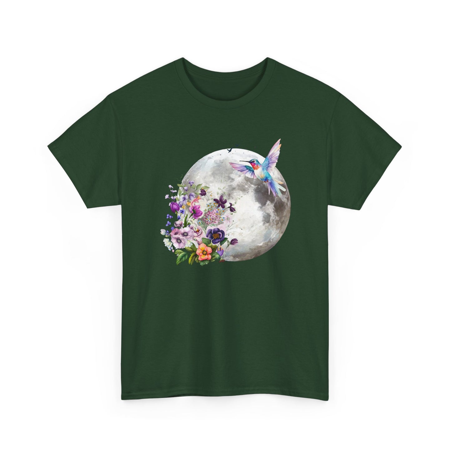 Moon & Hummingbird Floral T-Shirt — Watercolour Moon with Flowers