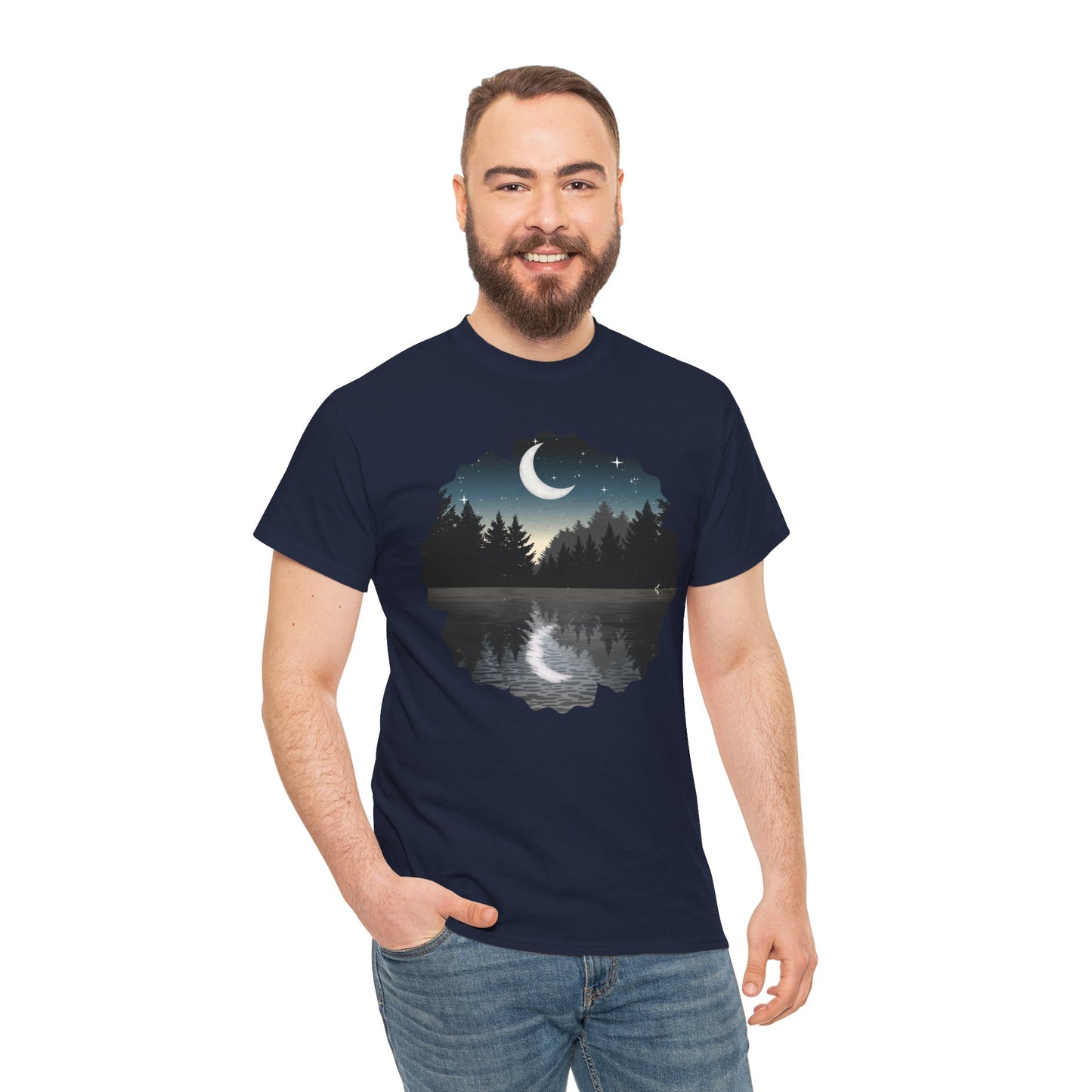 Moonlit Lake T-Shirt — Crescent Moon Forest Reflection Tee