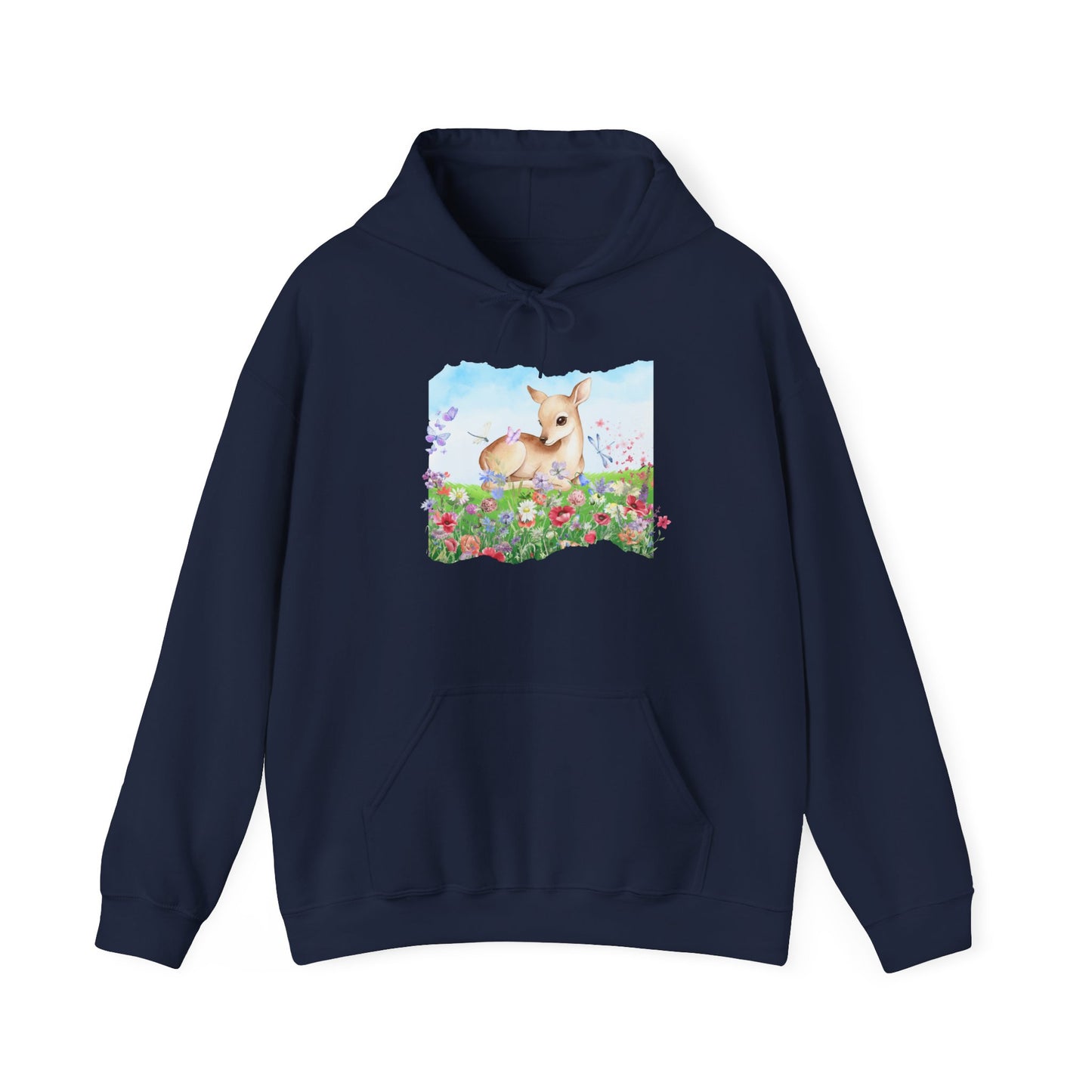 Doe in Wildflower Meadow Hoodie — Cute Fawn Animal Graphic Sweatshirt