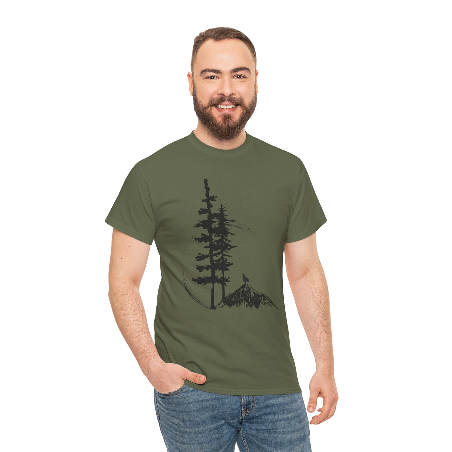 Nature Sketch T-Shirt — Pine Tree & Mountain Minimalist Tee