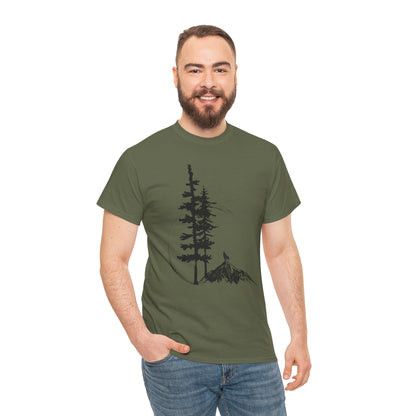 Nature Sketch T-Shirt — Pine Tree & Mountain Minimalist Tee
