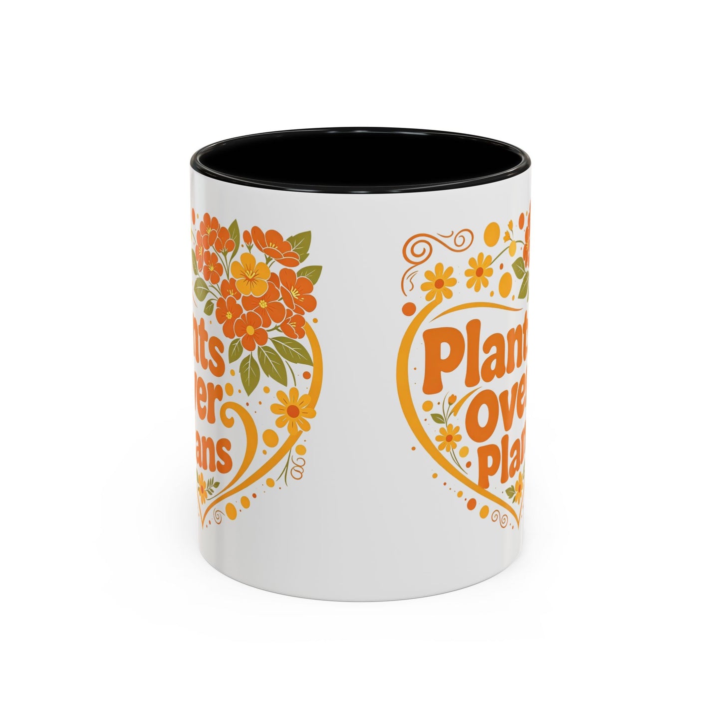 Plants Over Plans Accent Coffee Mug — Retro Floral Heart Plant Lover Gift (11oz)