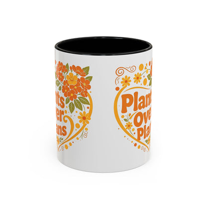 Plants Over Plans Accent Coffee Mug — Retro Floral Heart Plant Lover Gift (11oz)