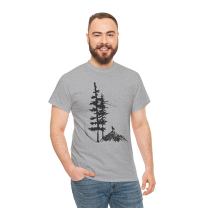 Nature Sketch T-Shirt — Pine Tree & Mountain Minimalist Tee