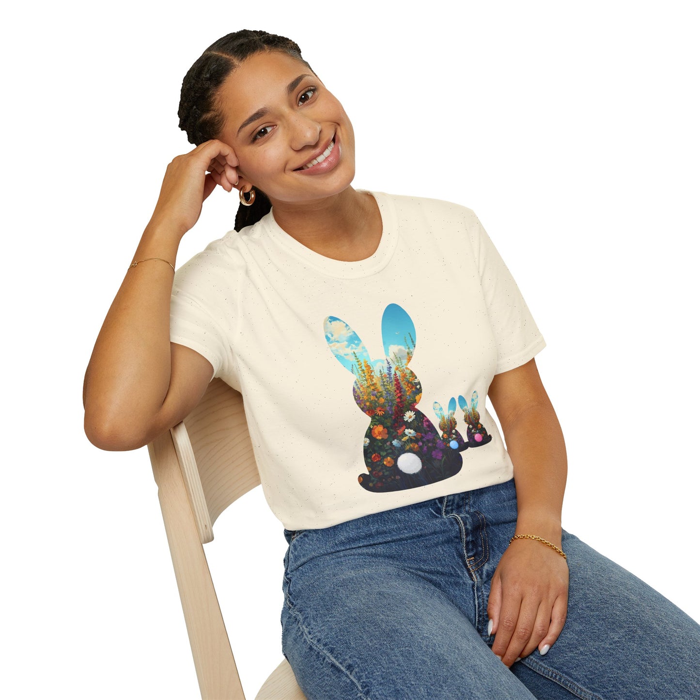 Easter Bunny Silhouette T‑Shirt — Floral Nightscape Bunny Design