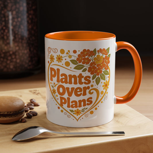 Plants Over Plans Accent Coffee Mug — Retro Floral Heart Plant Lover Gift (11oz)