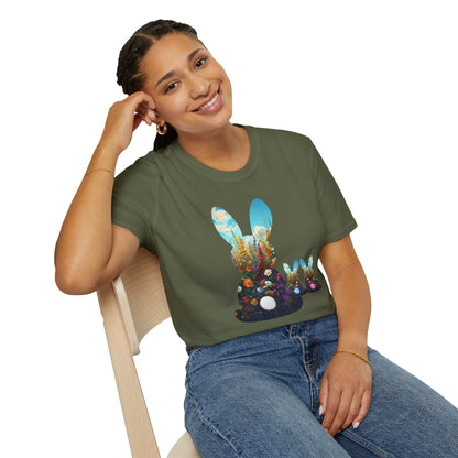 Easter Bunny Silhouette T‑Shirt — Floral Nightscape Bunny Design