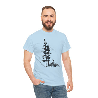 Nature Sketch T-Shirt — Pine Tree & Mountain Minimalist Tee