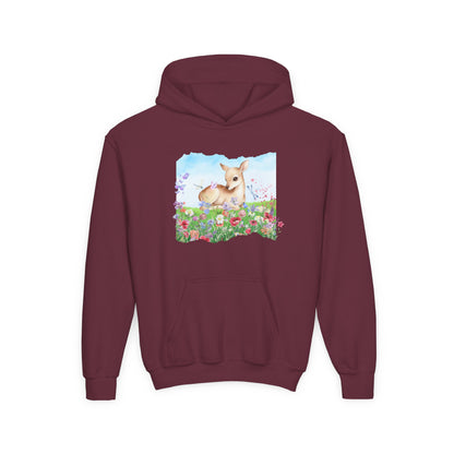 Youth Hoodie — Watercolour Fawn in Wildflower Meadow