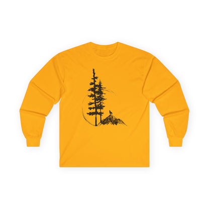 Nature Sketch Long Sleeve Tee — Pine Tree & Mountain Minimalist