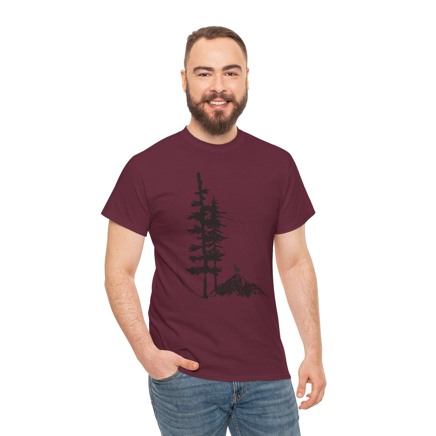 Nature Sketch T-Shirt — Pine Tree & Mountain Minimalist Tee