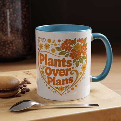 Plants Over Plans Accent Coffee Mug — Retro Floral Heart Plant Lover Gift (11oz)