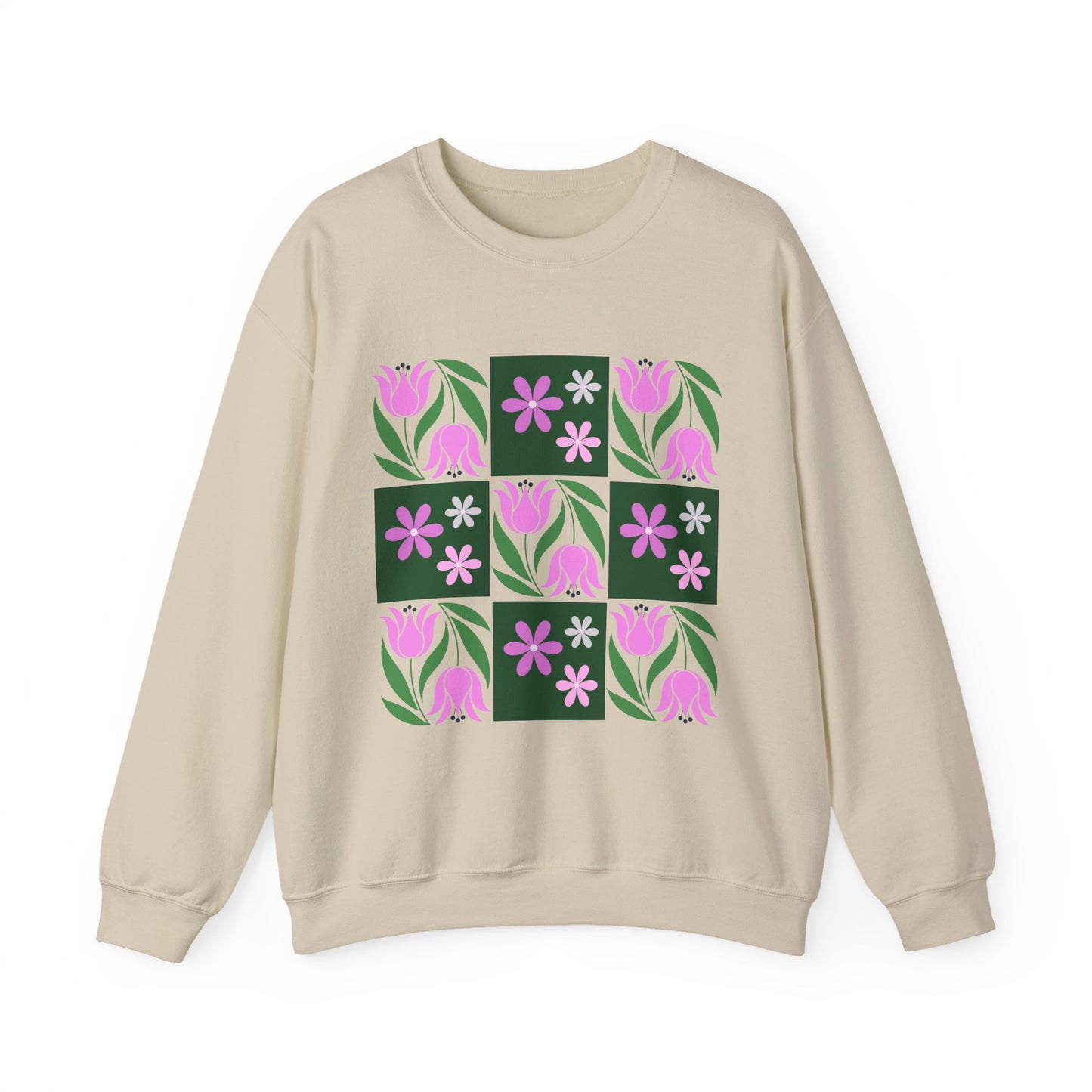 Floral Tile Crewneck Sweatshirt — Pink Tulip Grid Design