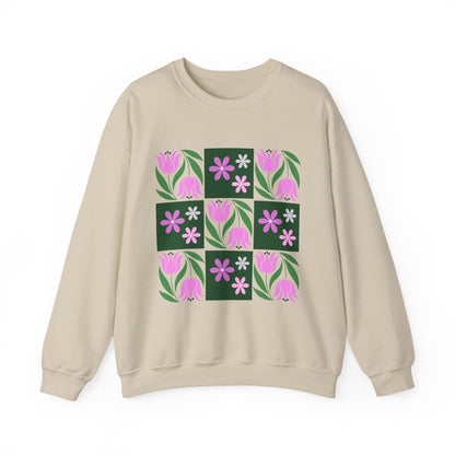 Floral Tile Crewneck Sweatshirt — Pink Tulip Grid Design