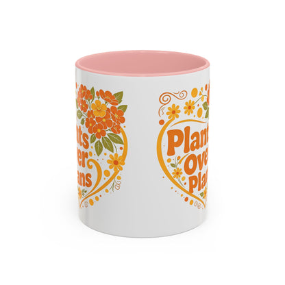 Plants Over Plans Accent Coffee Mug — Retro Floral Heart Plant Lover Gift (11oz)