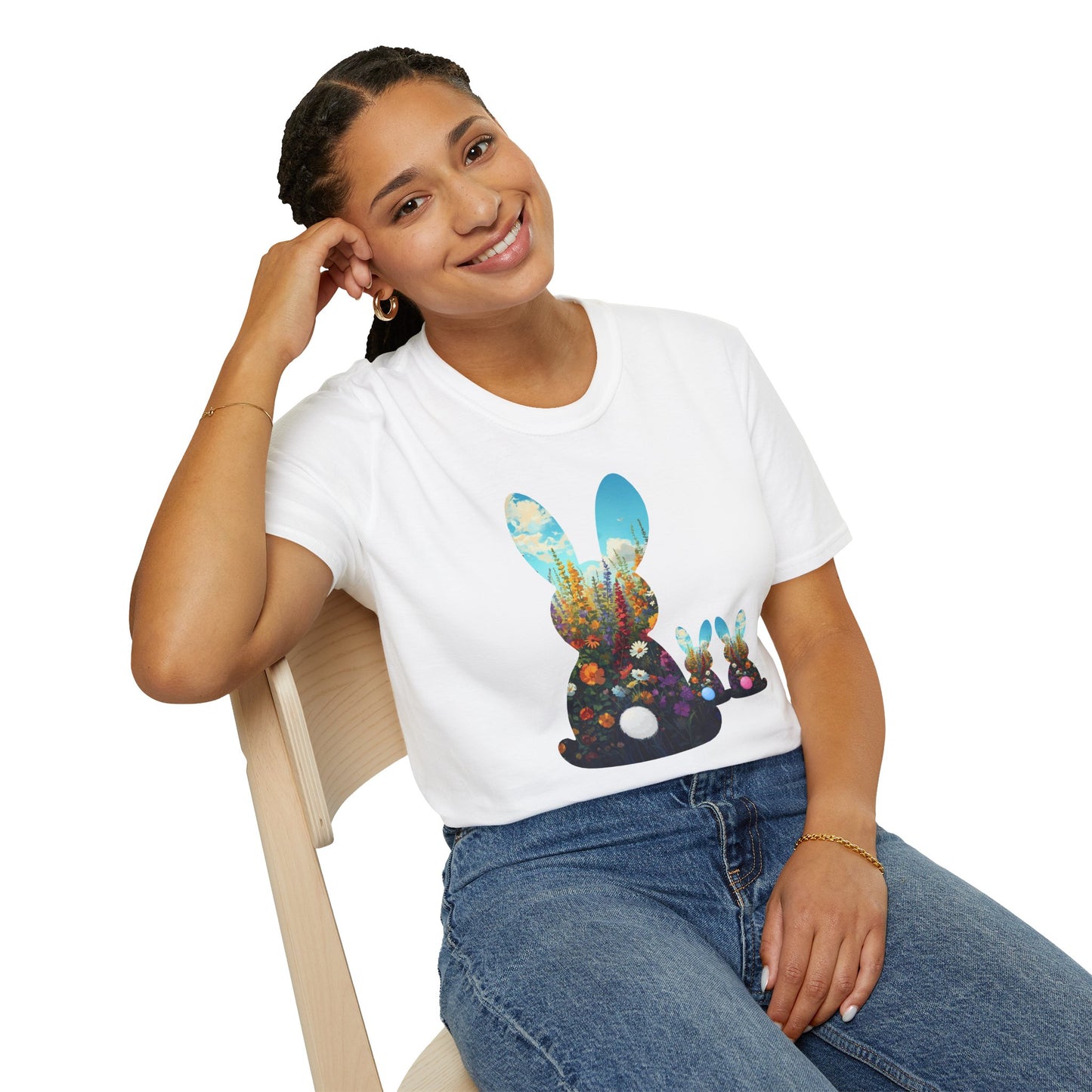 Easter Bunny Silhouette T‑Shirt — Floral Nightscape Bunny Design